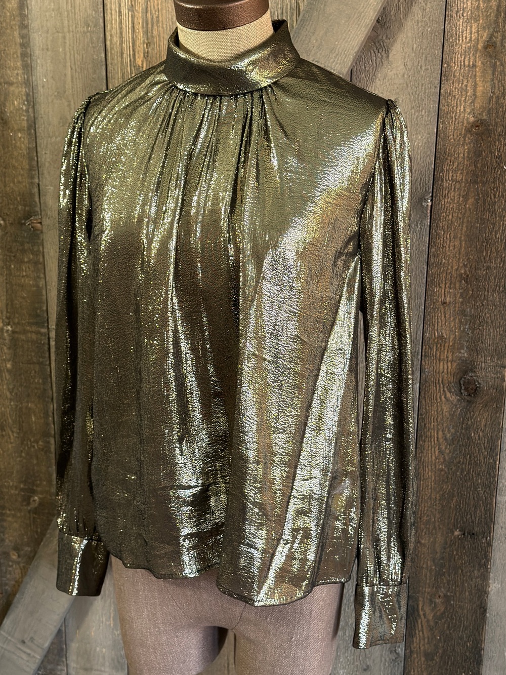 A.L.C. Lydia Blouse Black Gold Metallic Silk Mock Neck Holiday Party Glam Size 8